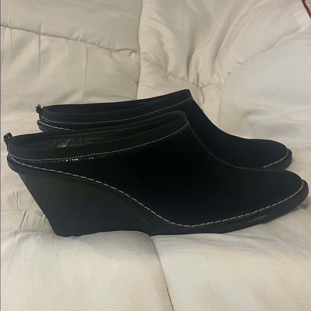 Cole Haan Jaynie black suede mule clog with white stitching